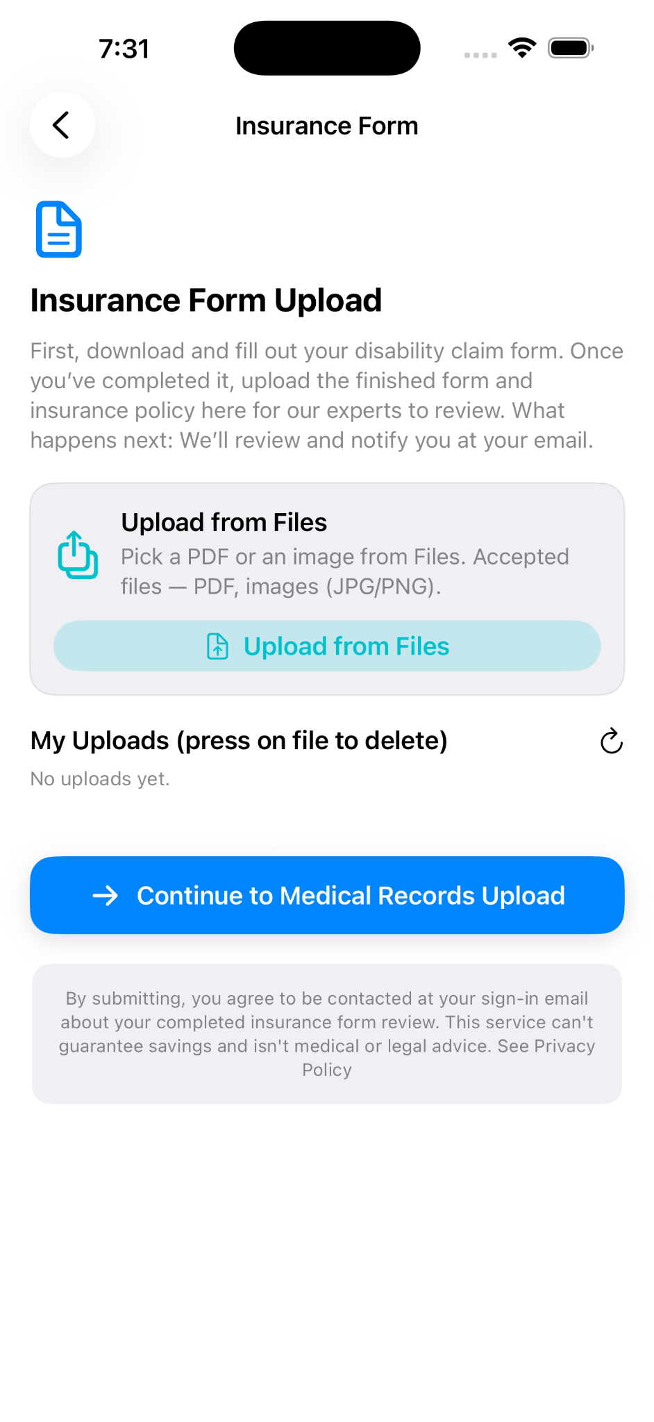 Health FormPilot insurance form upload screen