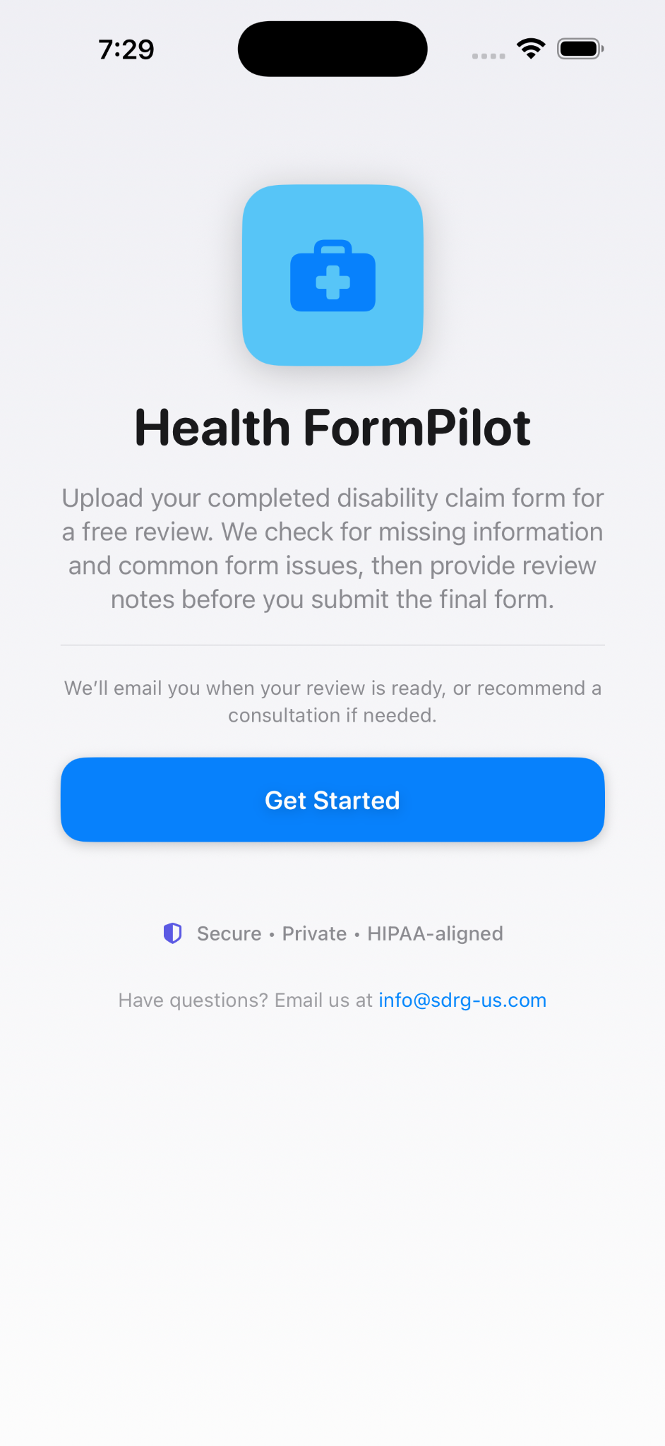 Health FormPilot welcome screen